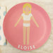 Pink personalized melamine paper doll snack plate for kids with doll illustration