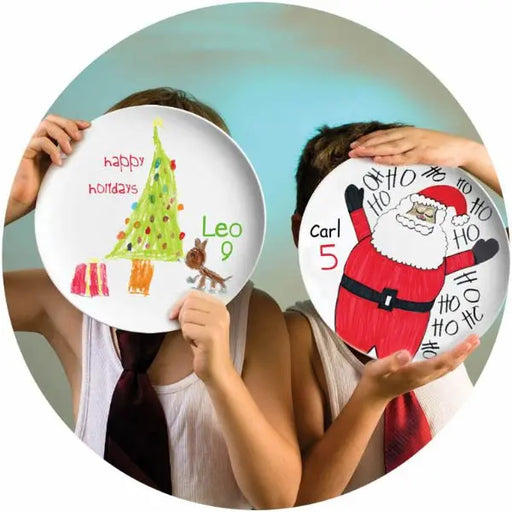 Children holding personalized melamine plates with custom holiday artwork