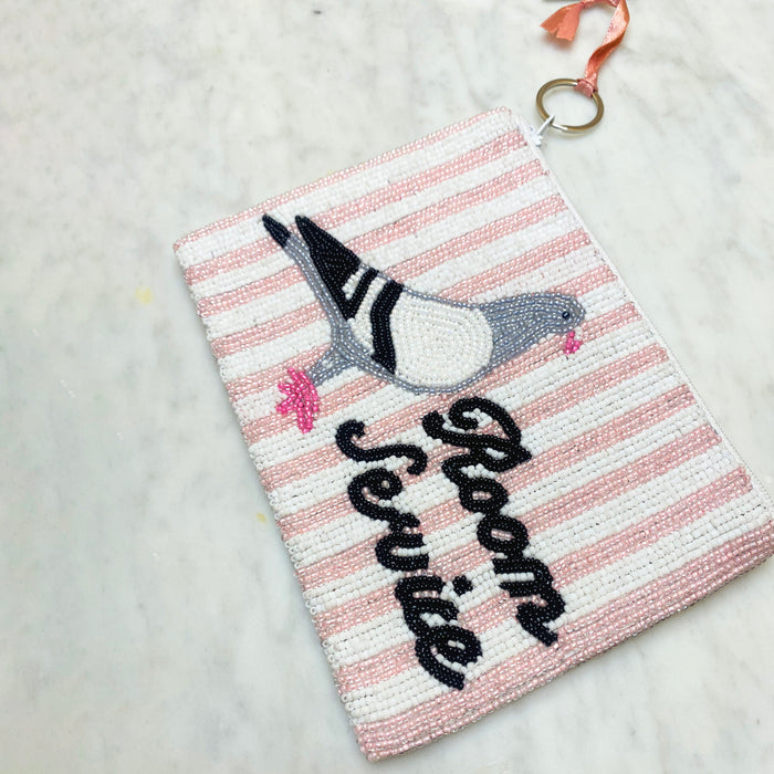 Pigeon Room Service Beaded Coin Purse — angled view of pink stripe beaded purse with pigeon and Room Service embroidery, keyring clip