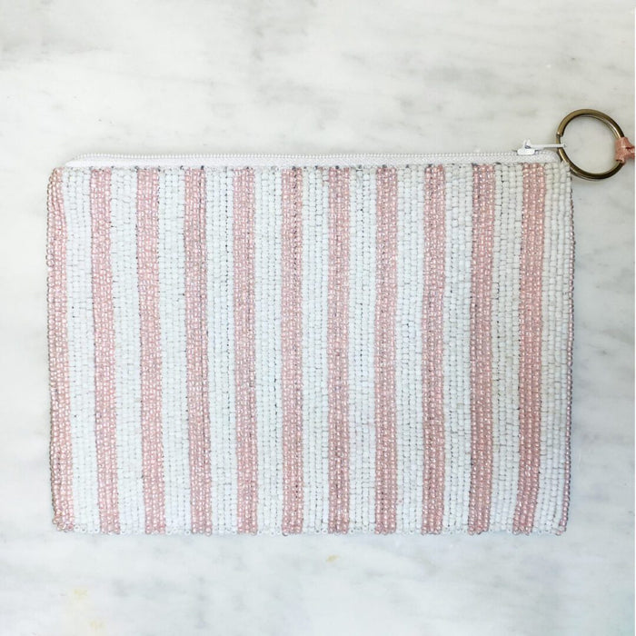 Pigeon Room Service Beaded Coin Purse — back view showing pink and white beaded stripe pattern with gold ring zipper pull