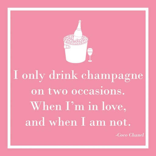 Pink cocktail napkin with champagne bottle illustration and “I only drink champagne” quote for bridal showers, girls night, birthdays, and cocktail parties.