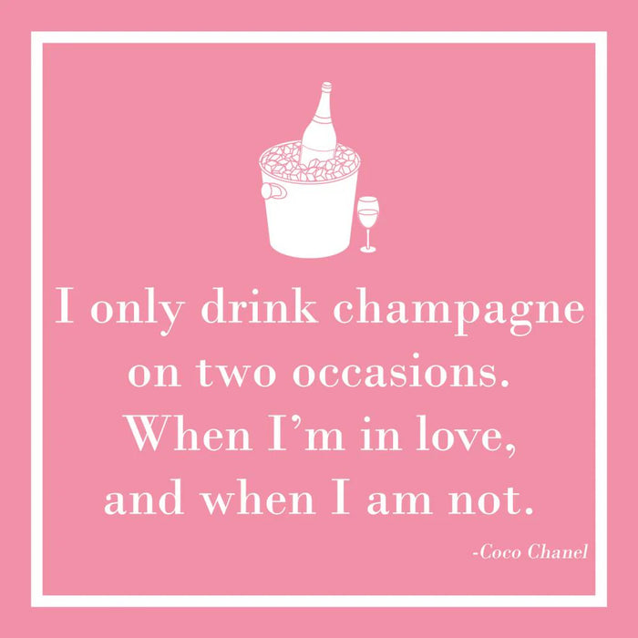 Pink cocktail napkin with champagne bottle illustration and “I only drink champagne” quote for bridal showers, girls night, birthdays, and cocktail parties.