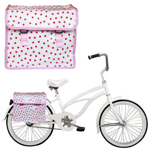 Pink and red polka dot waterproof dual pannier bicycle bag on rear rack