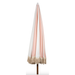Beige and white striped umbrella with fringe on a white background