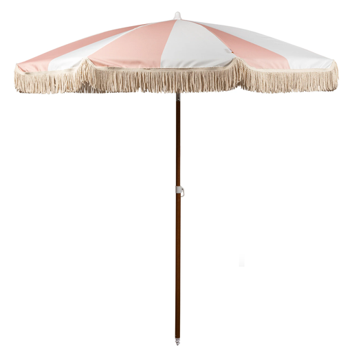 Umbrella with pink and white striped canopy and fringe on a white background