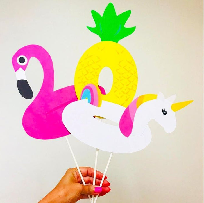 Pool floaties photo booth props with  flamingo, pineapple, unicorn for summer parties and pool birthdays. 