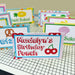 Personalized pool floaty food tents with custom birthday punch and fruit salad labels