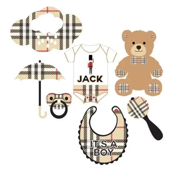 Preppy plaid baby shower printable photo props set showing all 10 designs including bib and teddy bear