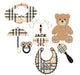 Preppy plaid baby shower printable photo props set showing all 10 designs including bib and teddy bear