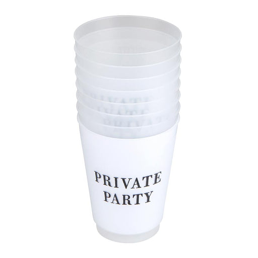 Private Party Frosted Plastic Cups — stack of frosted cups with Private Party text in black serif font