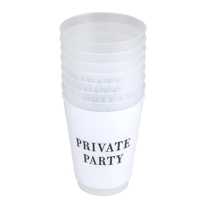 Private Party Frosted Plastic Cups — stack of frosted cups with Private Party text in black serif font