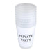 Private Party Frosted Plastic Cups — stack of frosted cups with Private Party text in black serif font