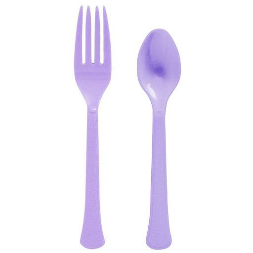 Purple plastic fork and spoon from a heavyweight reusable cutlery set for colorful party table settings and casual gatherings.
