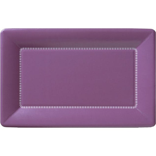 Purple rectangular cafe paper plates with white stitch trim