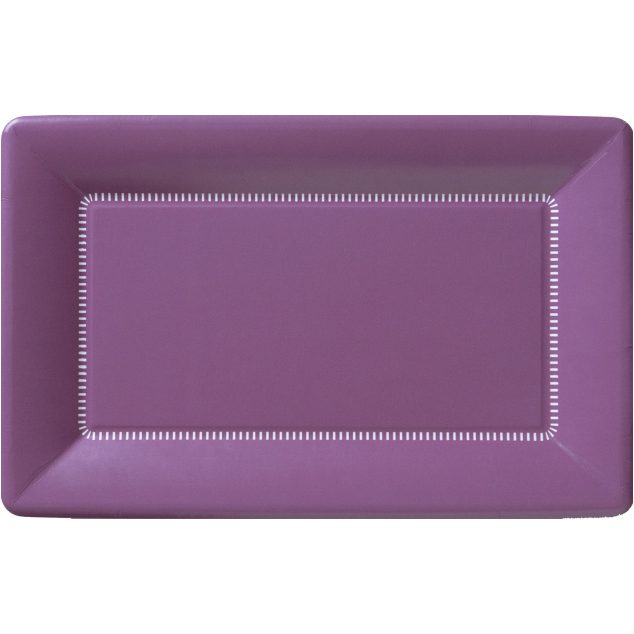 Purple rectangular cafe paper plates with white stitch trim