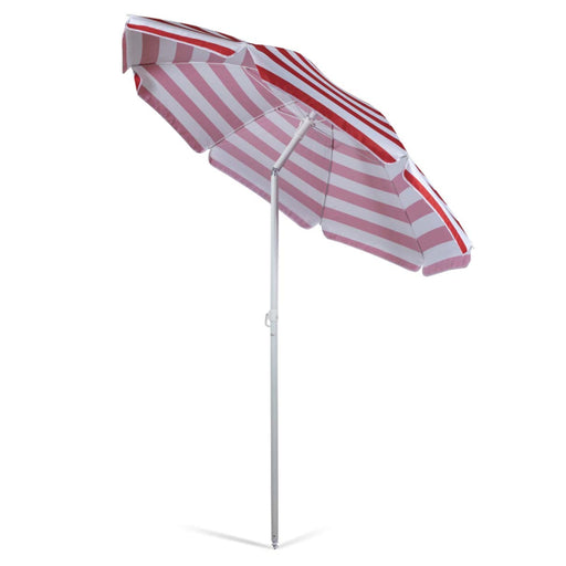 Red and white cabana stripe beach umbrella with steel pole and outdoor sunshade canopy