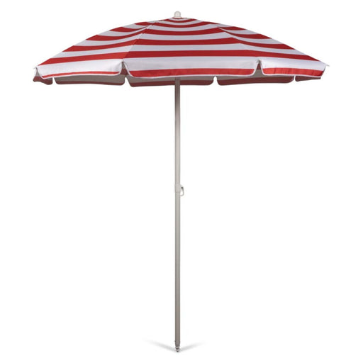 Red and white cabana stripe beach umbrella with steel pole and outdoor sunshade canopy
