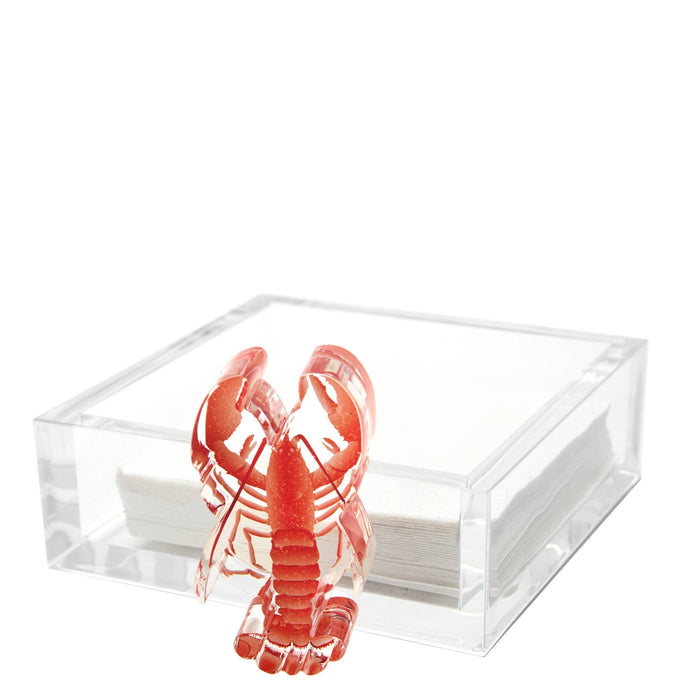 Red lobster napkin weight inside an acrylic napkin holder 