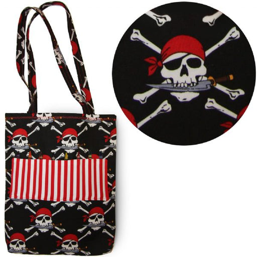 Closeup of pirate skull and crossbones fabric print on kids crayon bag