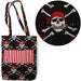 Closeup of pirate skull and crossbones fabric print on kids crayon bag