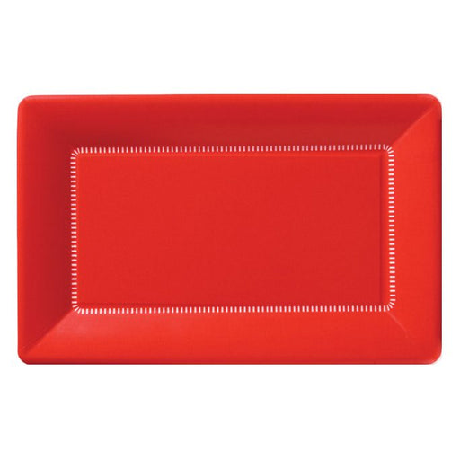 Red rectangular paper plates with white stitch trim