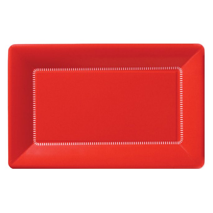Red rectangular paper plates with white stitch trim
