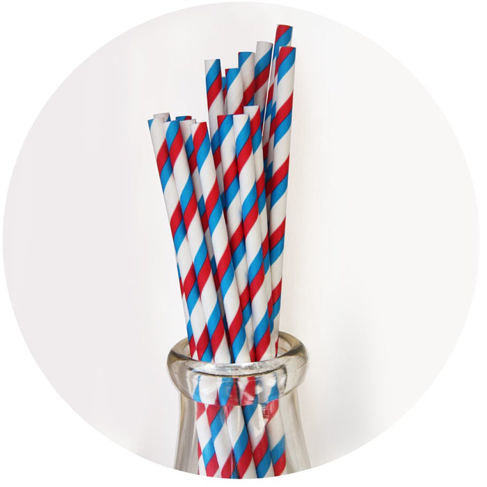 Red white and blue striped paper straws in glass bottle — 4th of July party supplies from Modern Lola