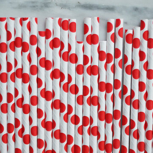 Red and White Polka Dot Paper Straws — box of 144 biodegradable spiral-wound paper straws with red polka dot print