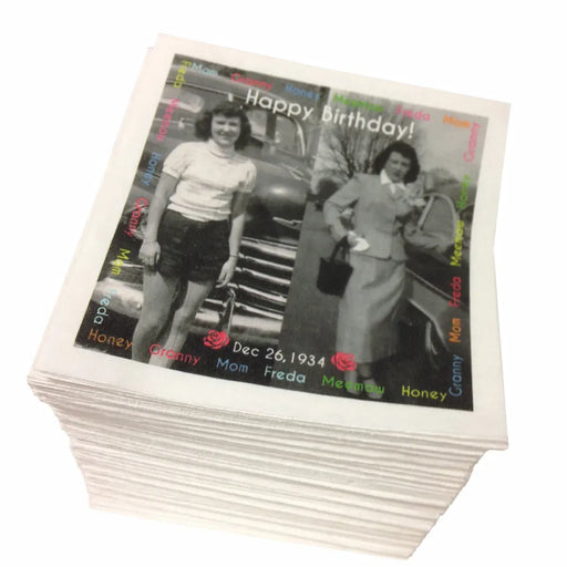Stack of photo napkins with vintage-style images and text on a white background