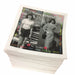 Stack of photo napkins with vintage-style images and text on a white background