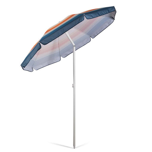 Retro striped beach umbrella with blue, orange, and cream canopy and steel pole