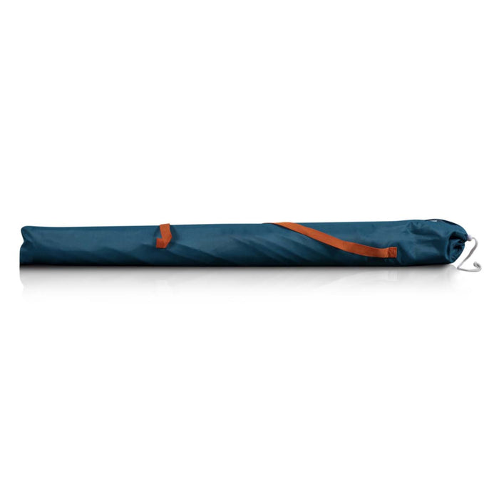 Retro striped beach umbrella with blue, orange, and cream canopy and steel pole