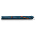 Retro striped beach umbrella with blue, orange, and cream canopy and steel pole