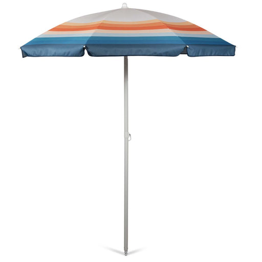 Retro striped beach umbrella with blue, orange, and cream canopy and steel pole
