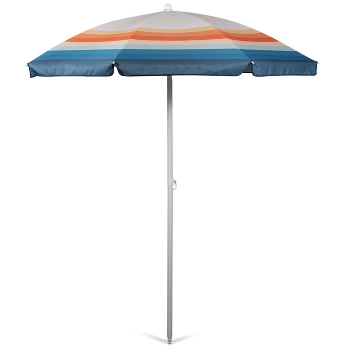 Retro striped beach umbrella with blue, orange, and cream canopy and steel pole