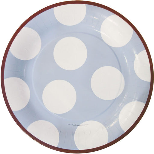 A round paper plate with a sky blue, white, and brown color combination featuring large white polka dots and a brown rim.