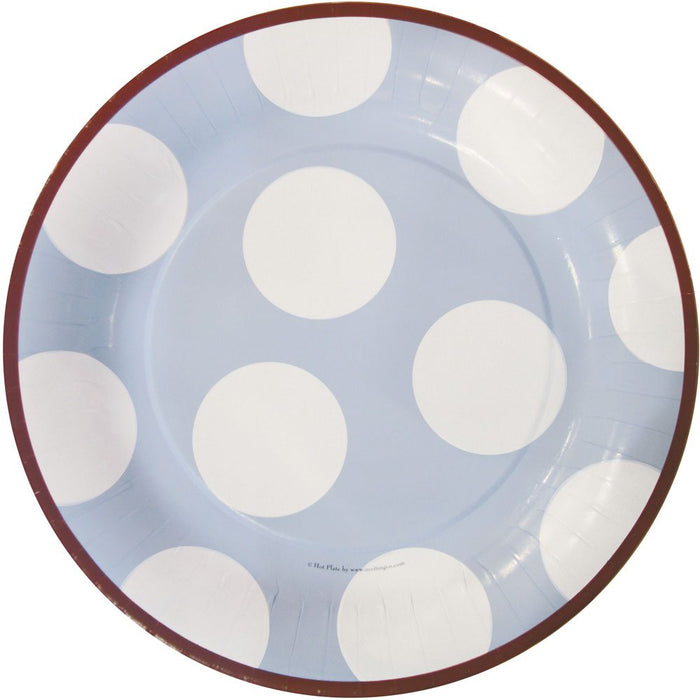 A round paper plate with a sky blue, white, and brown color combination featuring large white polka dots and a brown rim.