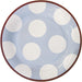 A round paper plate with a sky blue, white, and brown color combination featuring large white polka dots and a brown rim.