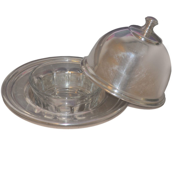 Silver Butter Dish — silver dome cloche with center knob and clear glass insert dish, shown open