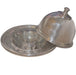 Silver Butter Dish — silver dome cloche with center knob and clear glass insert dish, shown open