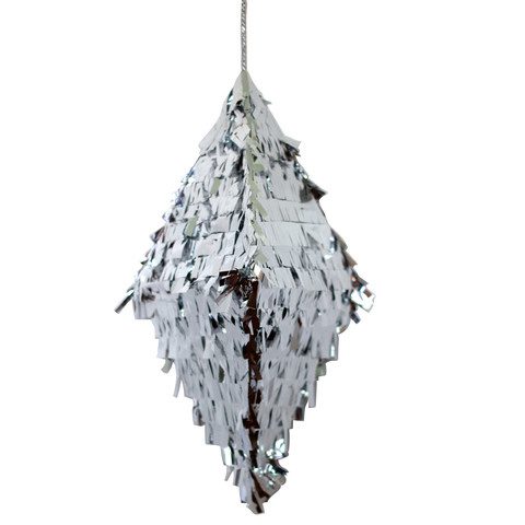 Silver Metallic Diamond Piñata — handmade shimmery silver fringe diamond piñata with hanging cord, 19x9 inches, decorative party decor