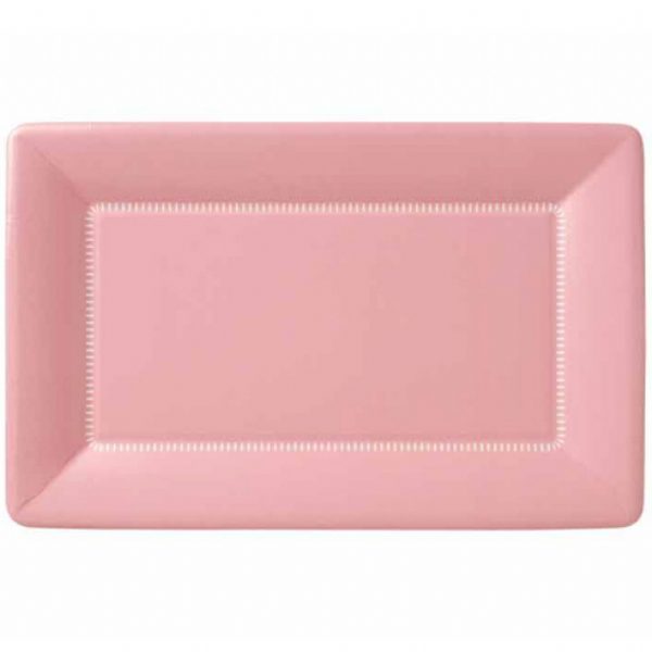 Soft pink rectangular cafe paper plates with white stitch trim