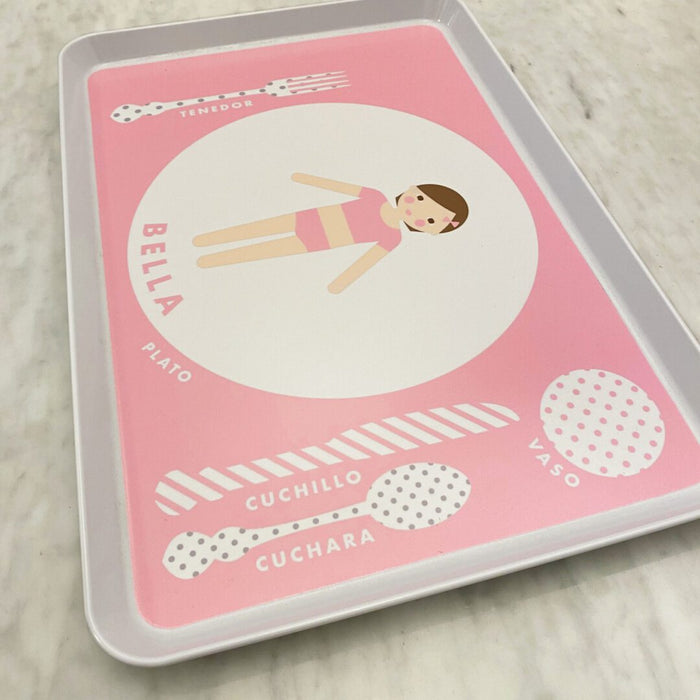 Pink personalized Spanish paper doll melamine tray for kids with Spanish table setting words