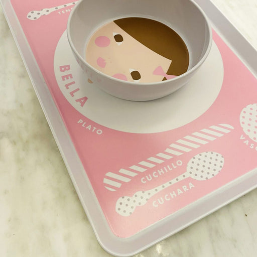 Pink personalized Spanish paper doll melamine tray for kids styled with bowl