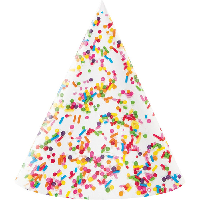 White paper party hat with colorful sprinkles print, set of 8 birthday party hats