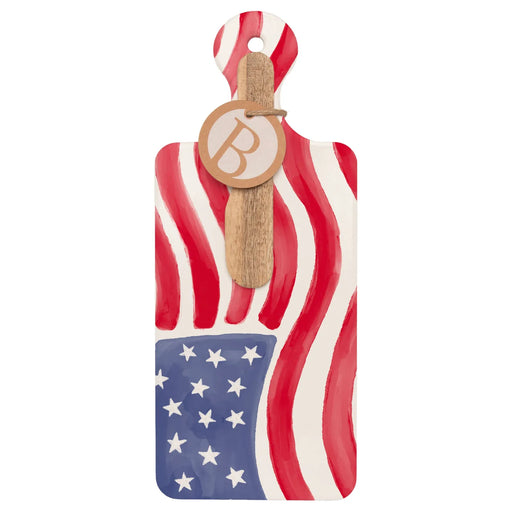 Stars and stripes American flag charcuterie board with monogram spreader set