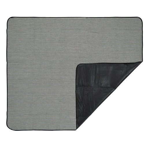 Striped Picnic Blanket — flat lay showing black and white stripe top with PEVA waterproof backing folded back