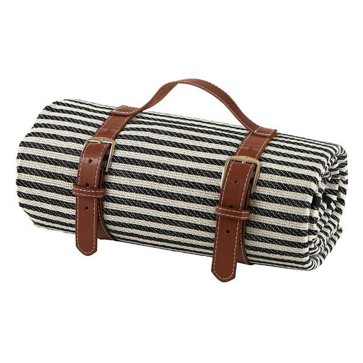 Striped Picnic Blanket — rolled black and white stripe acrylic blanket with tan leather carry straps and buckles, PEVA waterproof backing