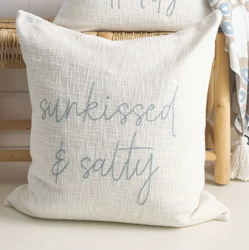 sunkissed and salty embroidered coastal euro pillow in cotton slub fabric with blue stitching