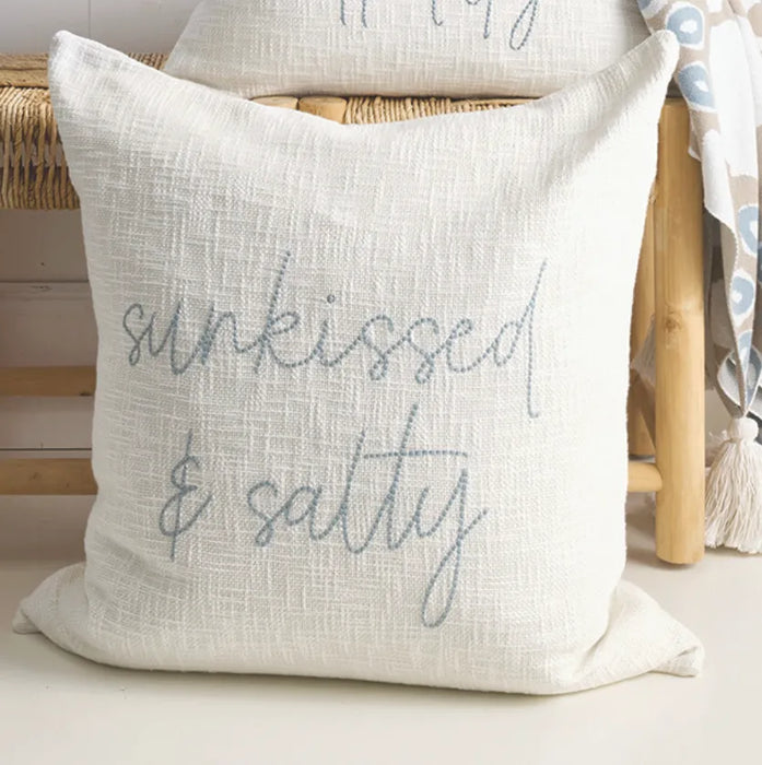 sunkissed and salty embroidered coastal euro pillow in cotton slub fabric with blue stitching